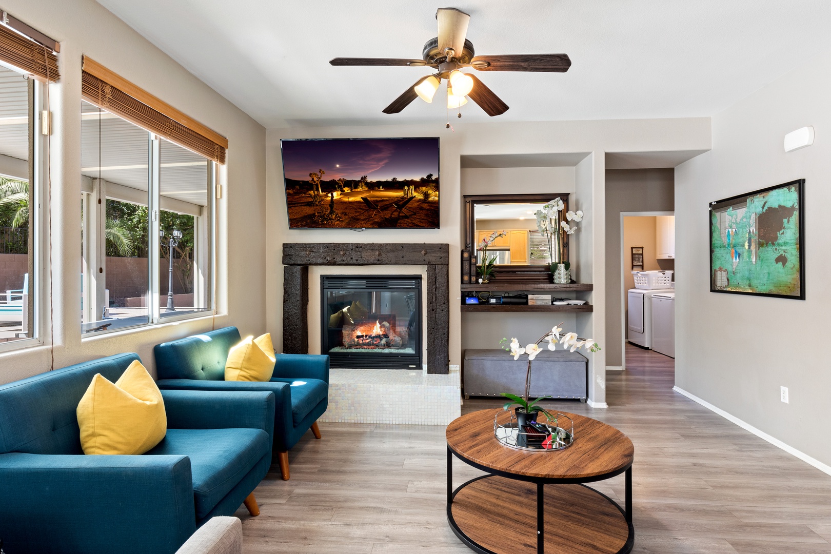 Living room with ample seating, Smart tv, and gas fireplace