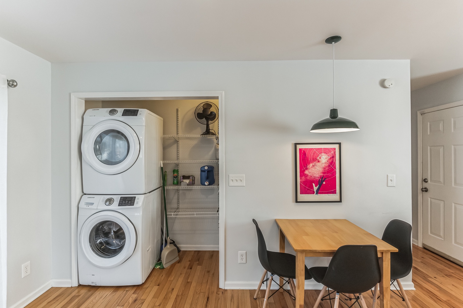 Private laundry is available for your stay, tucked away in the kitchen closet