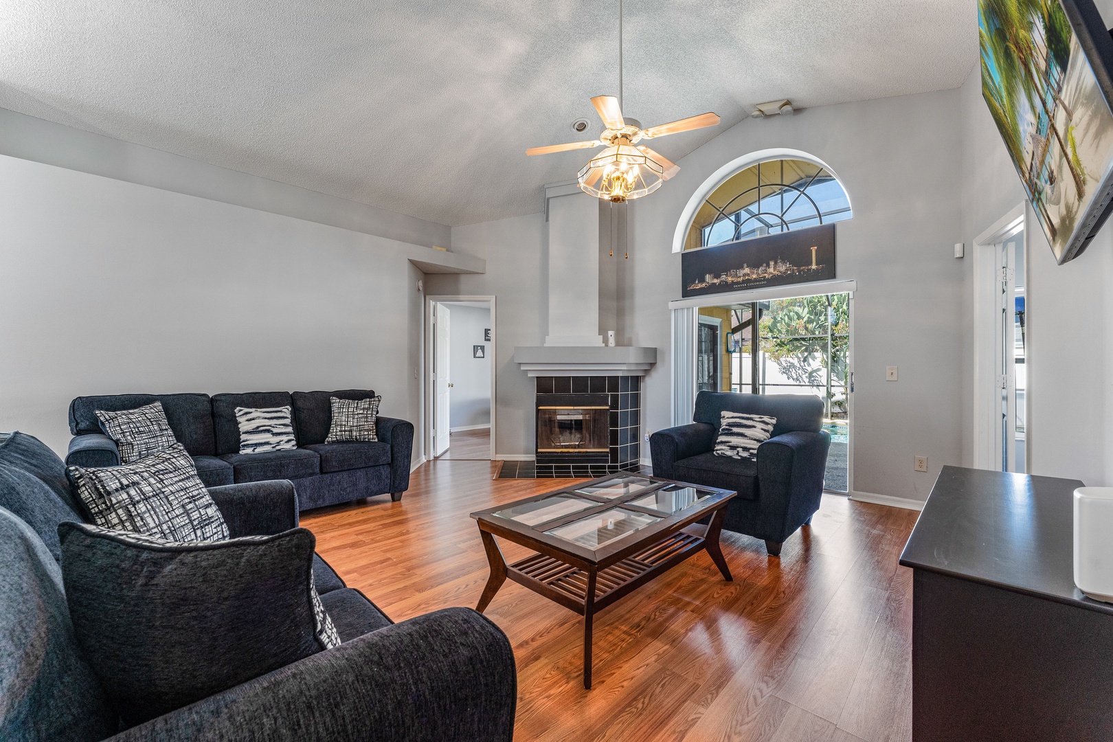 Living area with ample seating and Smart TV