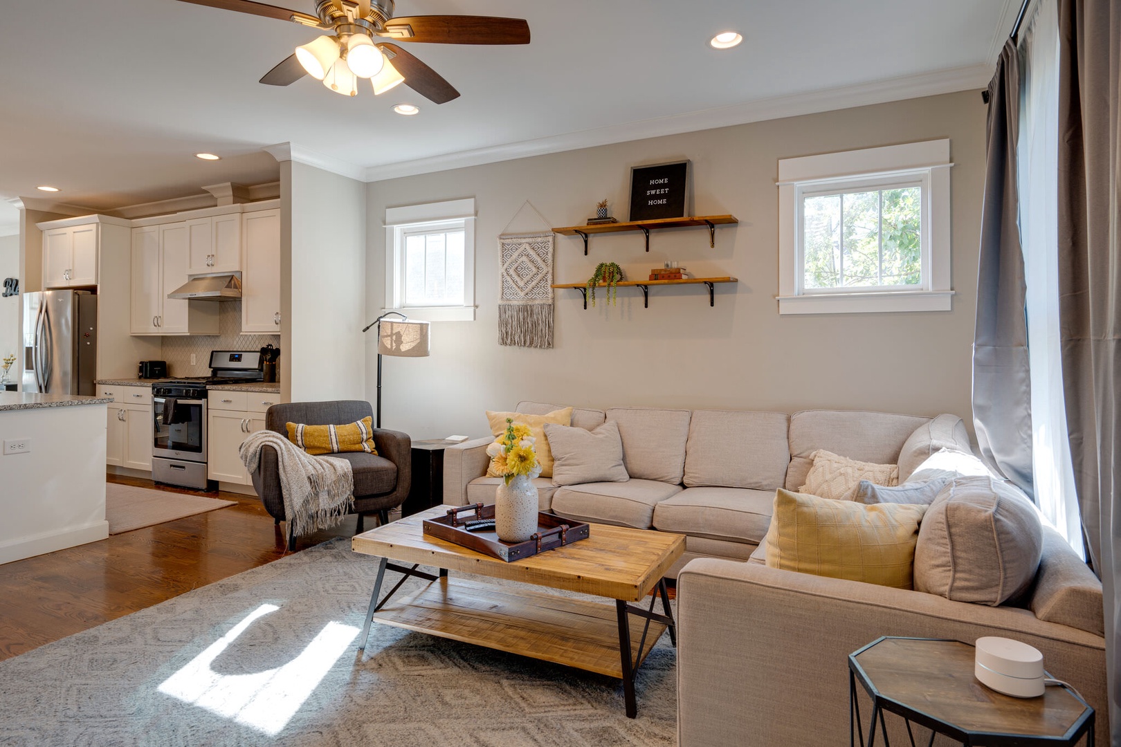 Ample seating space in the living room for a night of entertainment and relaxation
