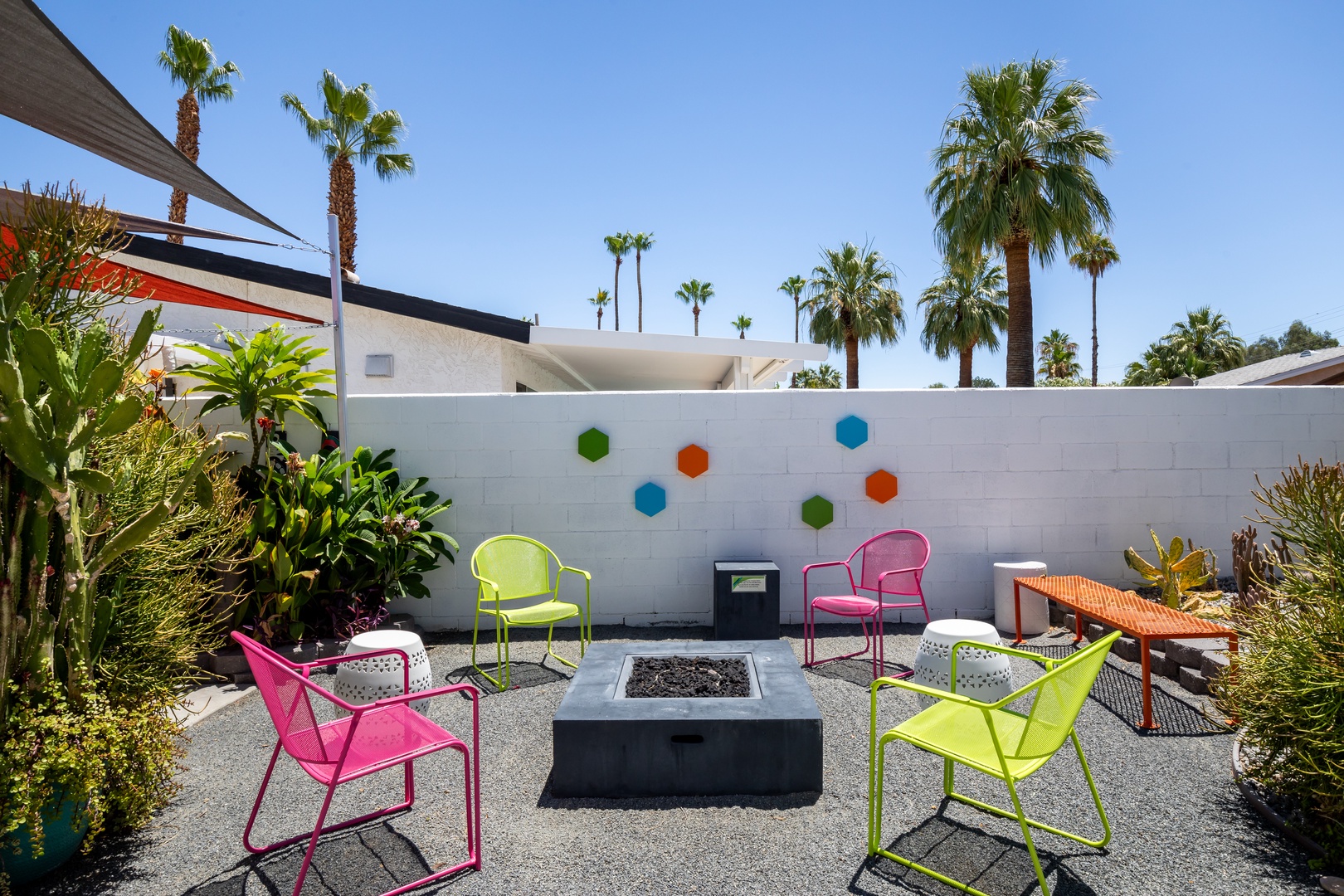 The colorful firepit is a perfect place to swap stories & make memories