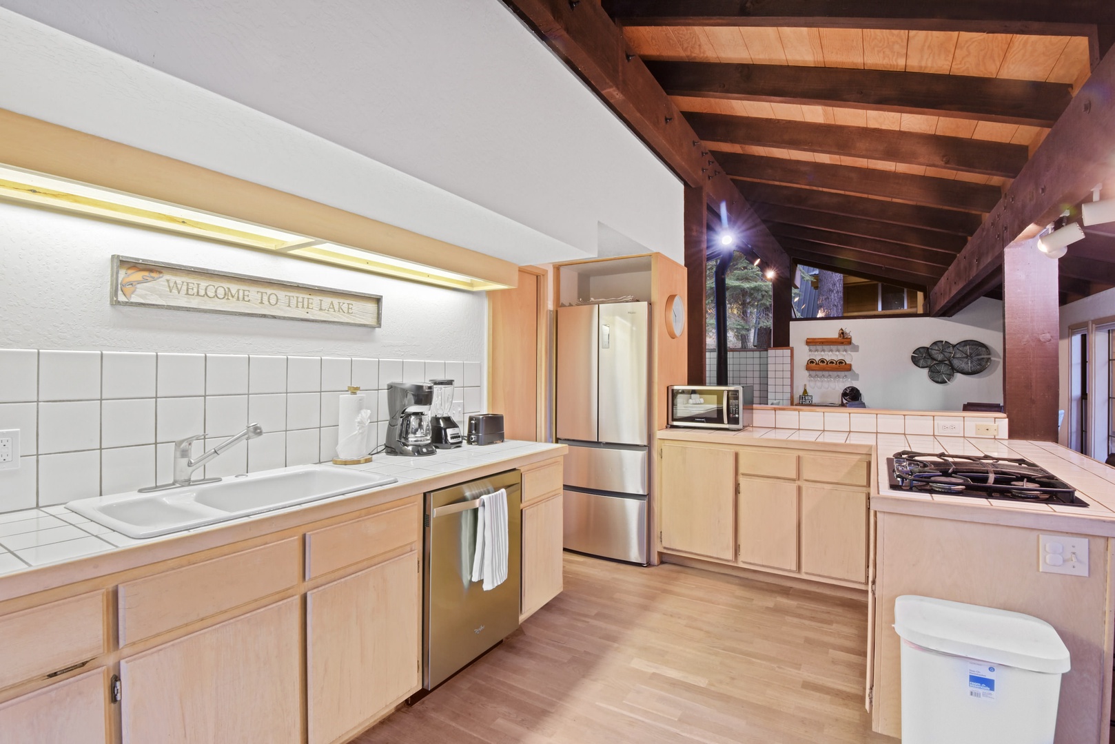Kitchen with drip coffee maker, blender, toaster, and more