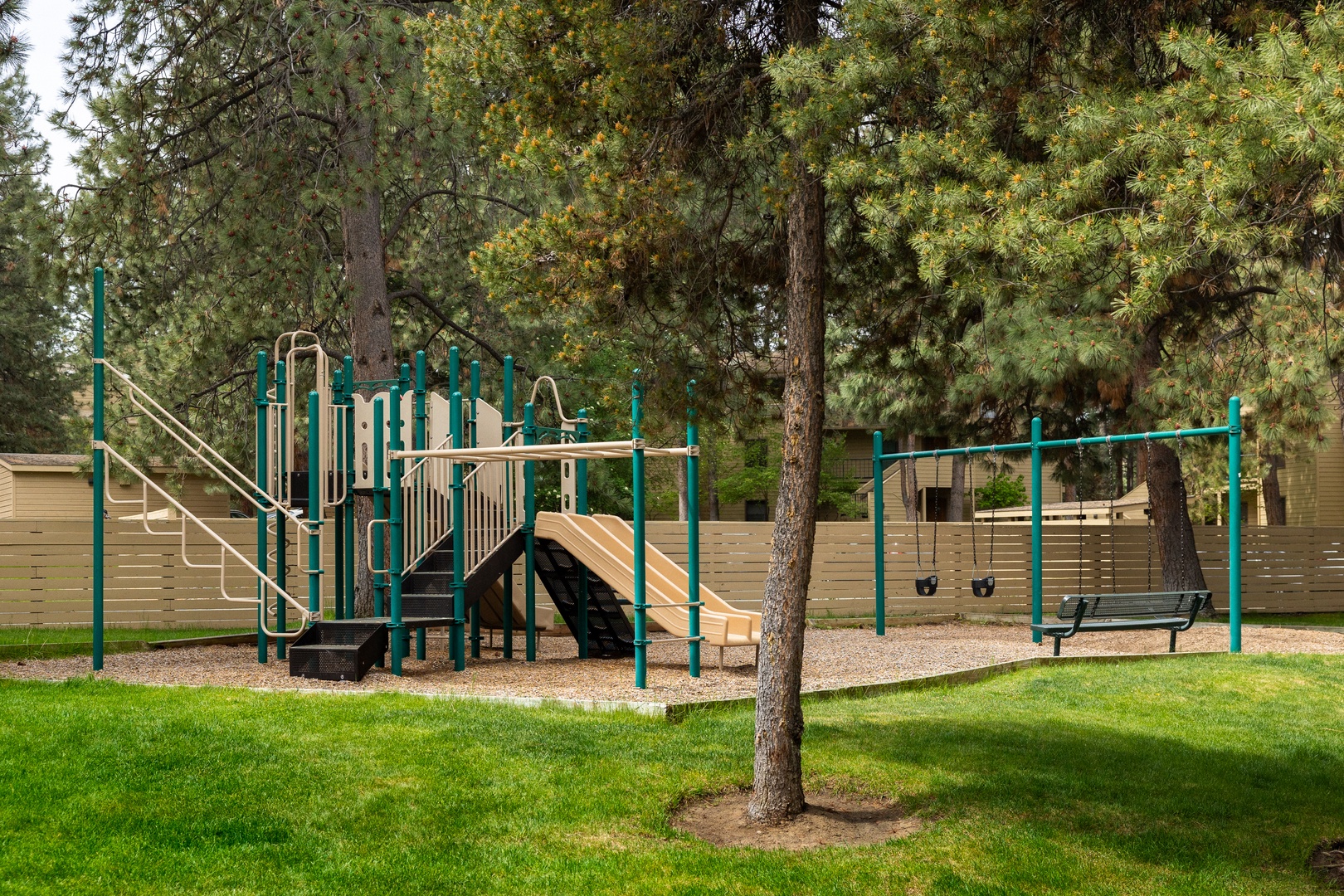 A serene playground nestled among lush trees, perfect for family fun