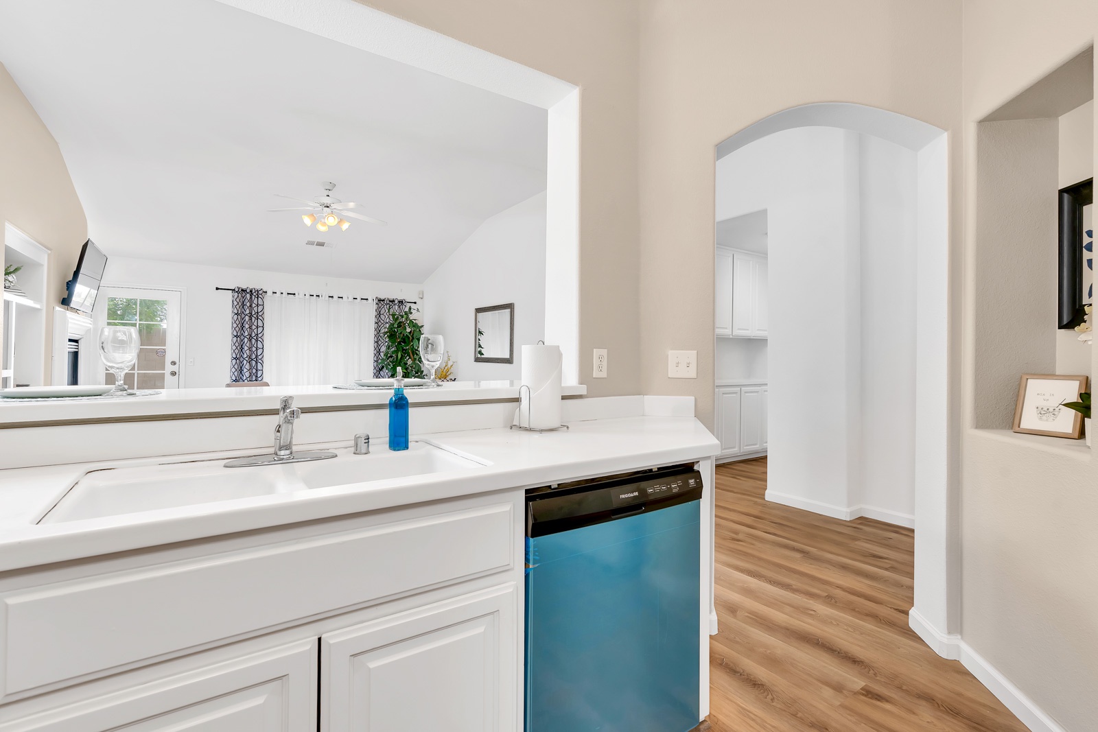 The kitchen is spacious & well-equipped, offering all the comforts of home