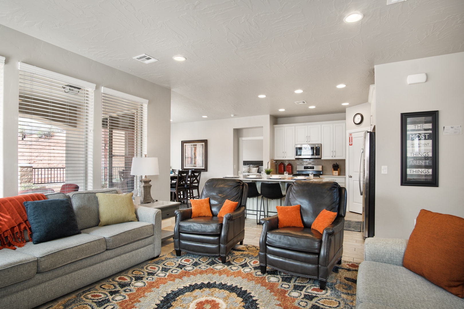 Living, dining, and kitchen area