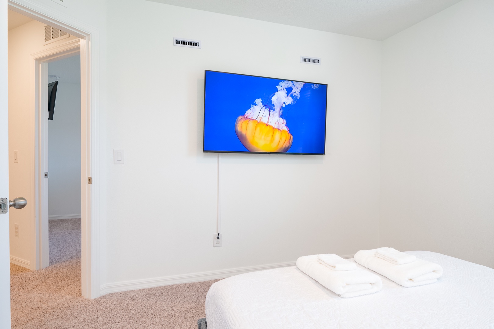 The elegant second bedroom includes a queen bed & Smart TV