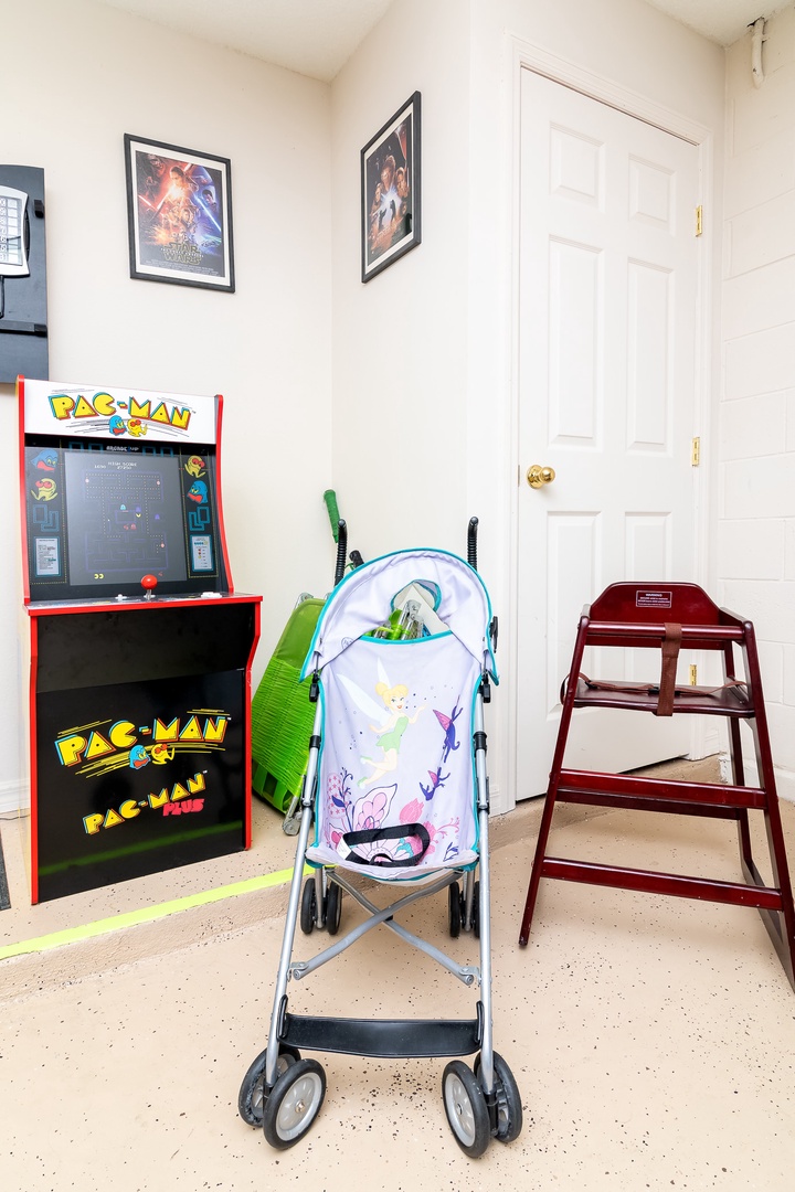 Baby necessities including a stroller and high chair accessible for use