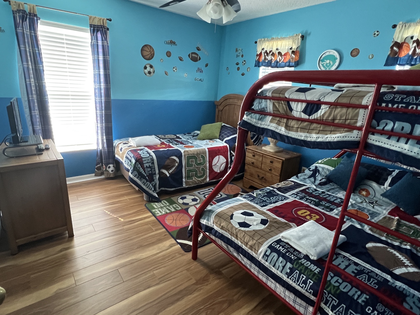 Bedroom 3 offers sports themed Twin/Full bunk bed combo