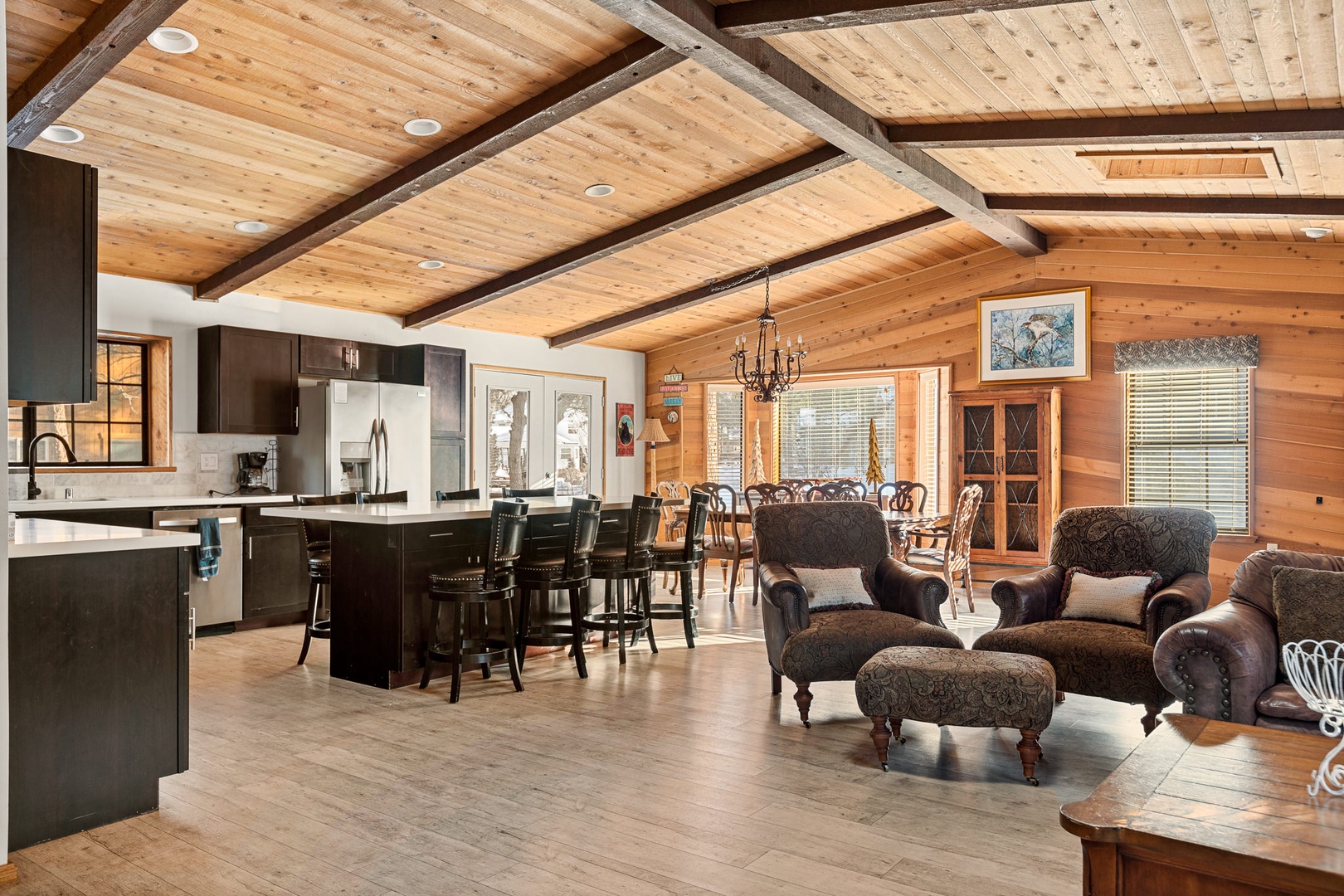 Kitchen, dining, and living area