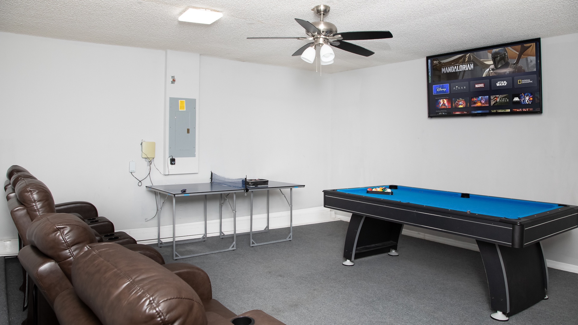 Game room with billiards, ping pong table, & TV