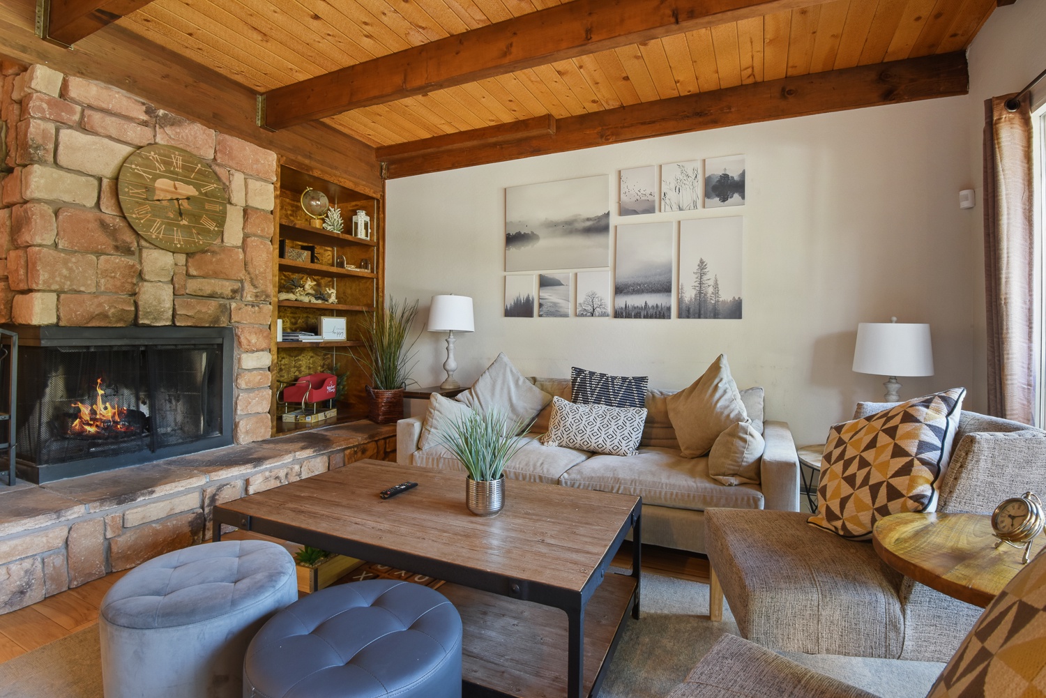 Elegant, rustic finishes compliment the comfy furnishings in the living room
