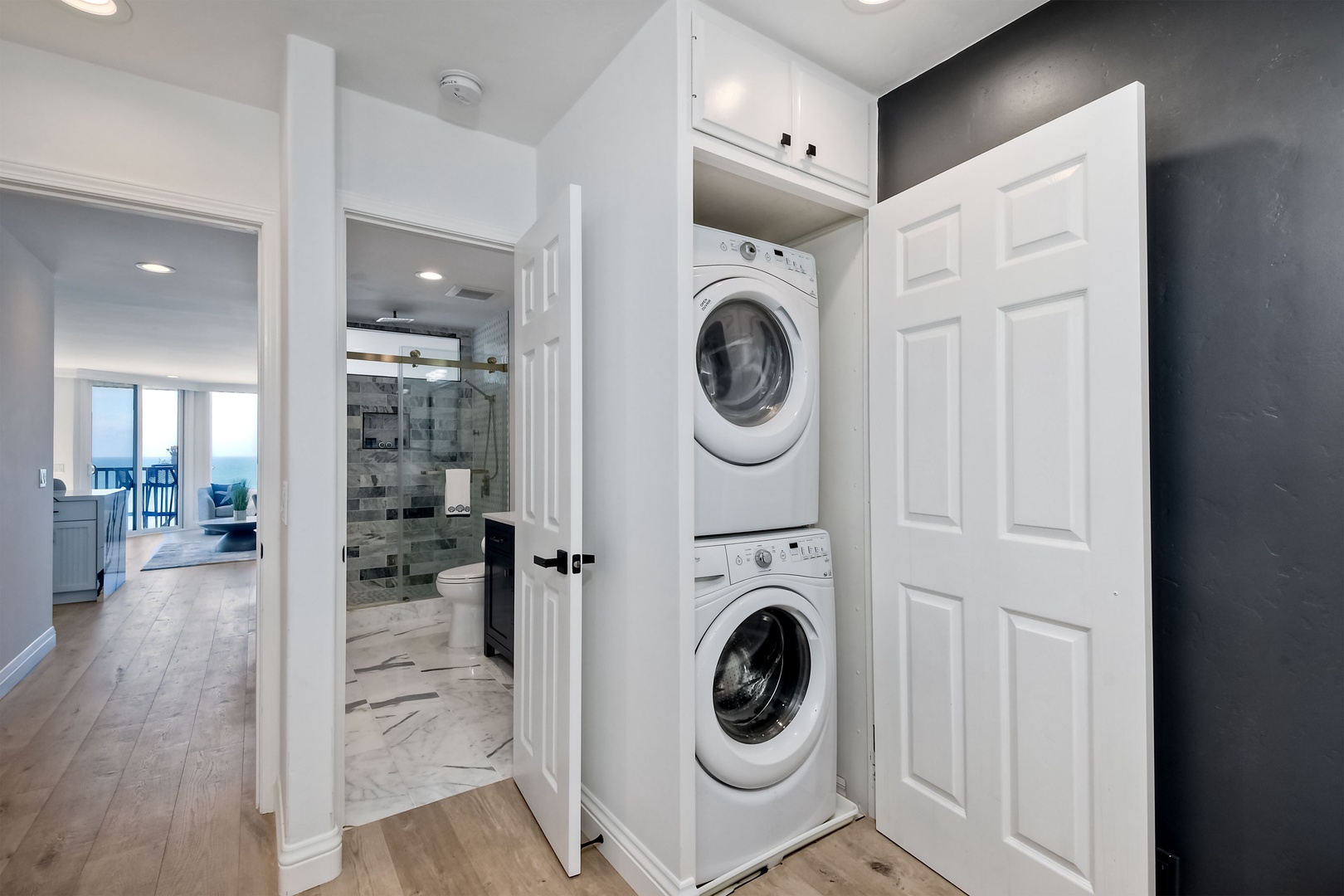 Private laundry is available for your stay, tucked away in a bedroom closet