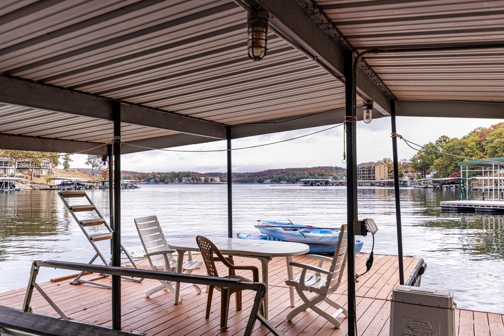 The dock is ideal for enjoying a bite or an evening beverage on the water