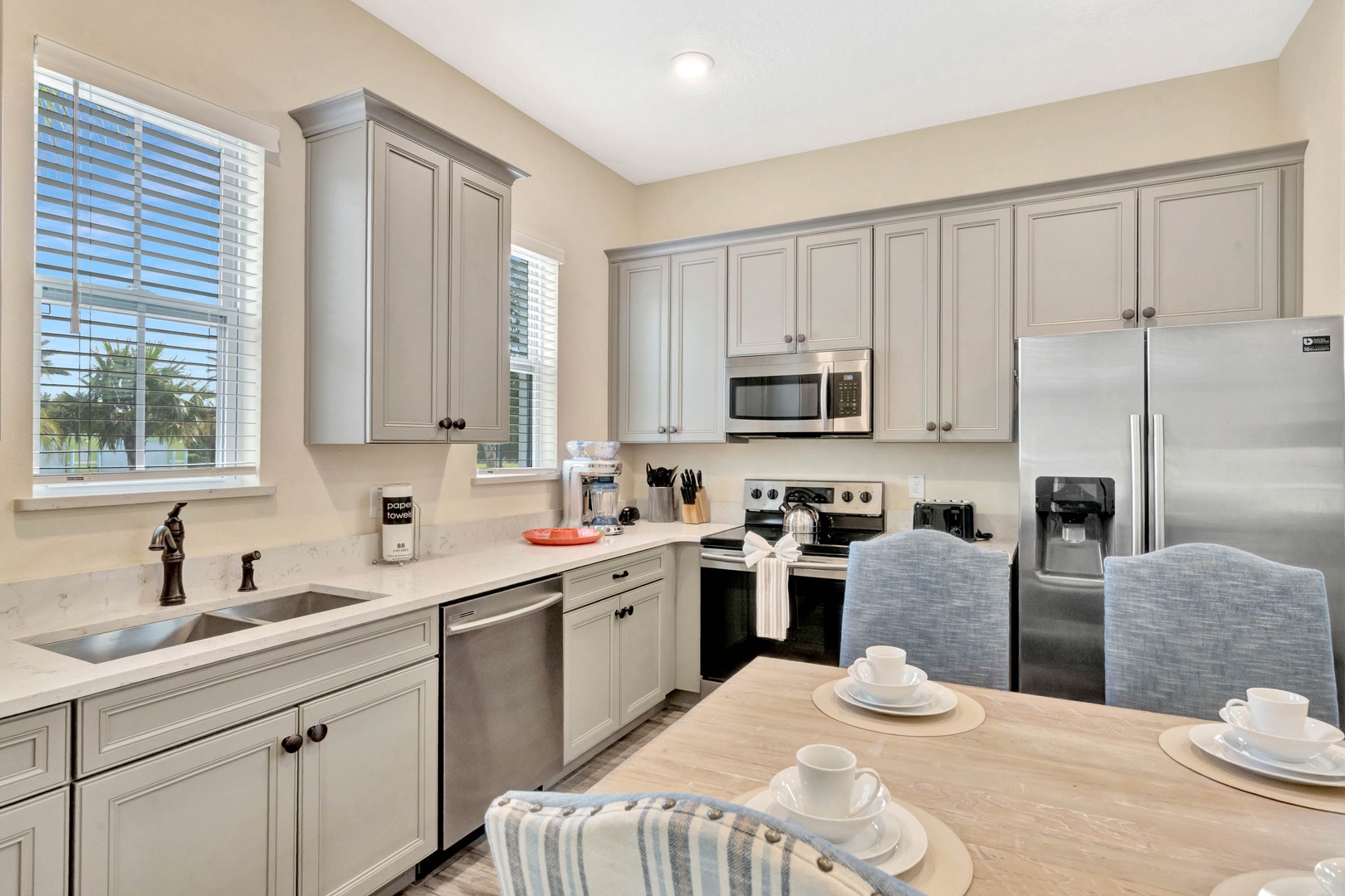 Kitchen equipped with stainless steel appliances and all the tools you’ll need to make delicious meals from home