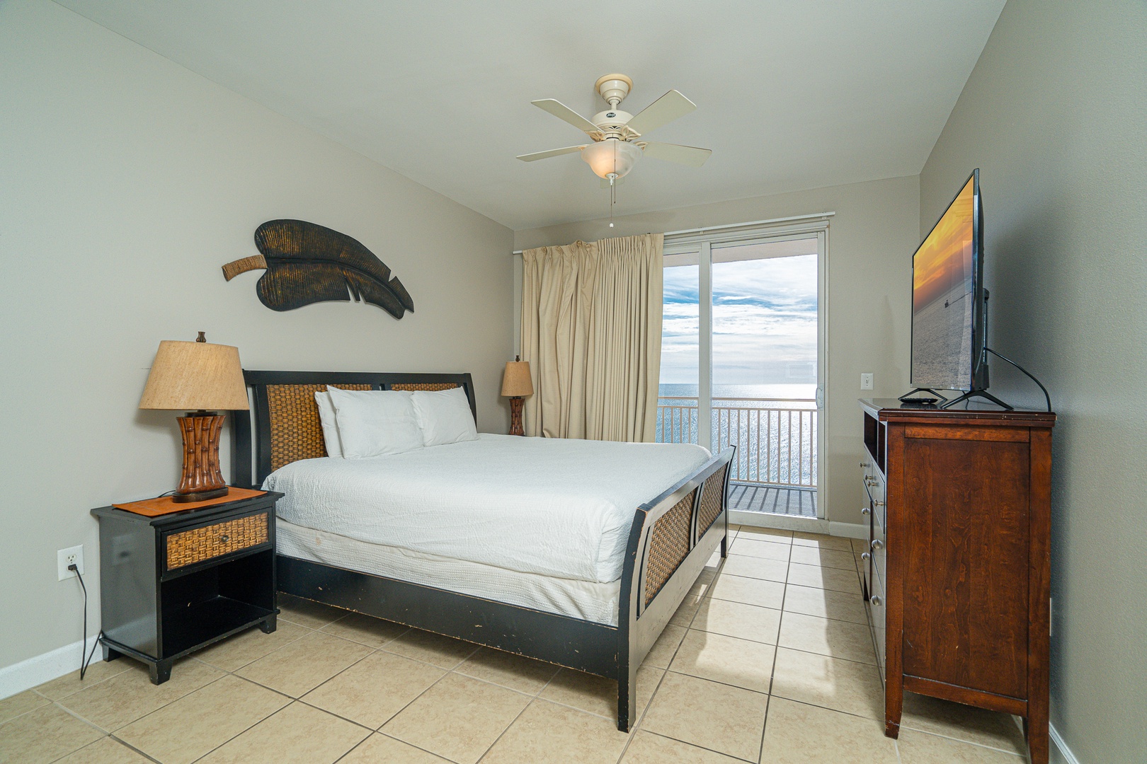 The king suite boasts a private ensuite, Smart TV, & balcony access