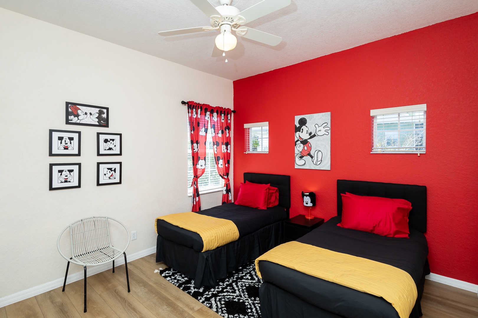 Double the fun in the Mickey-themed bedroom, with twin beds & Smart TV magic!