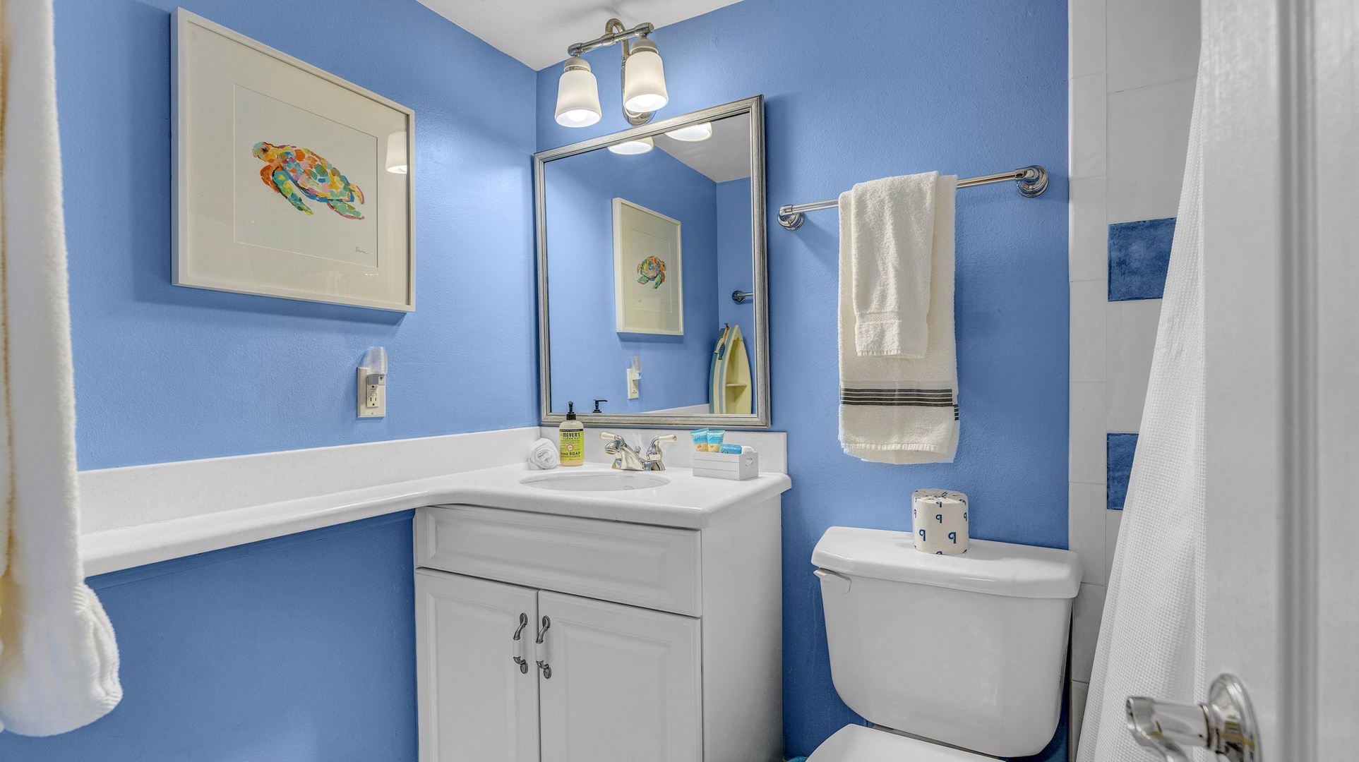 The shared 2nd floor bathroom offers a single vanity & shower/tub combo