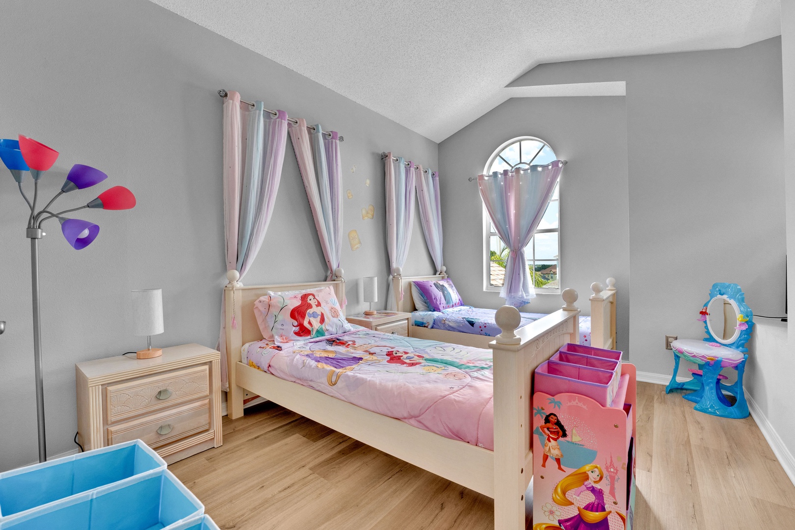 Bedroom 3 Disney Princess themed with 2 twin beds, and Smart TV