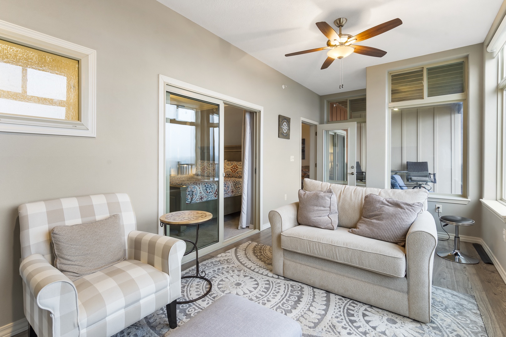 The sunroom offers a picturesque backdrop for enjoying movies & gaming