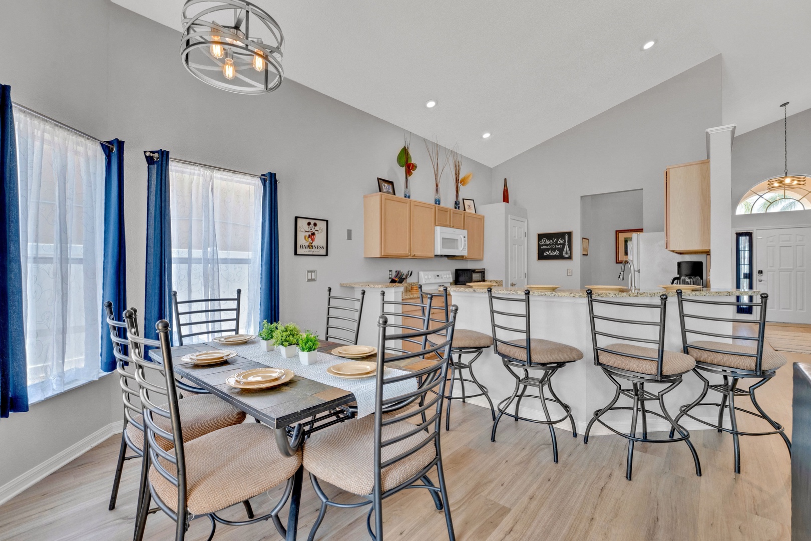 Dining table with seating for 6 and additional counter seating