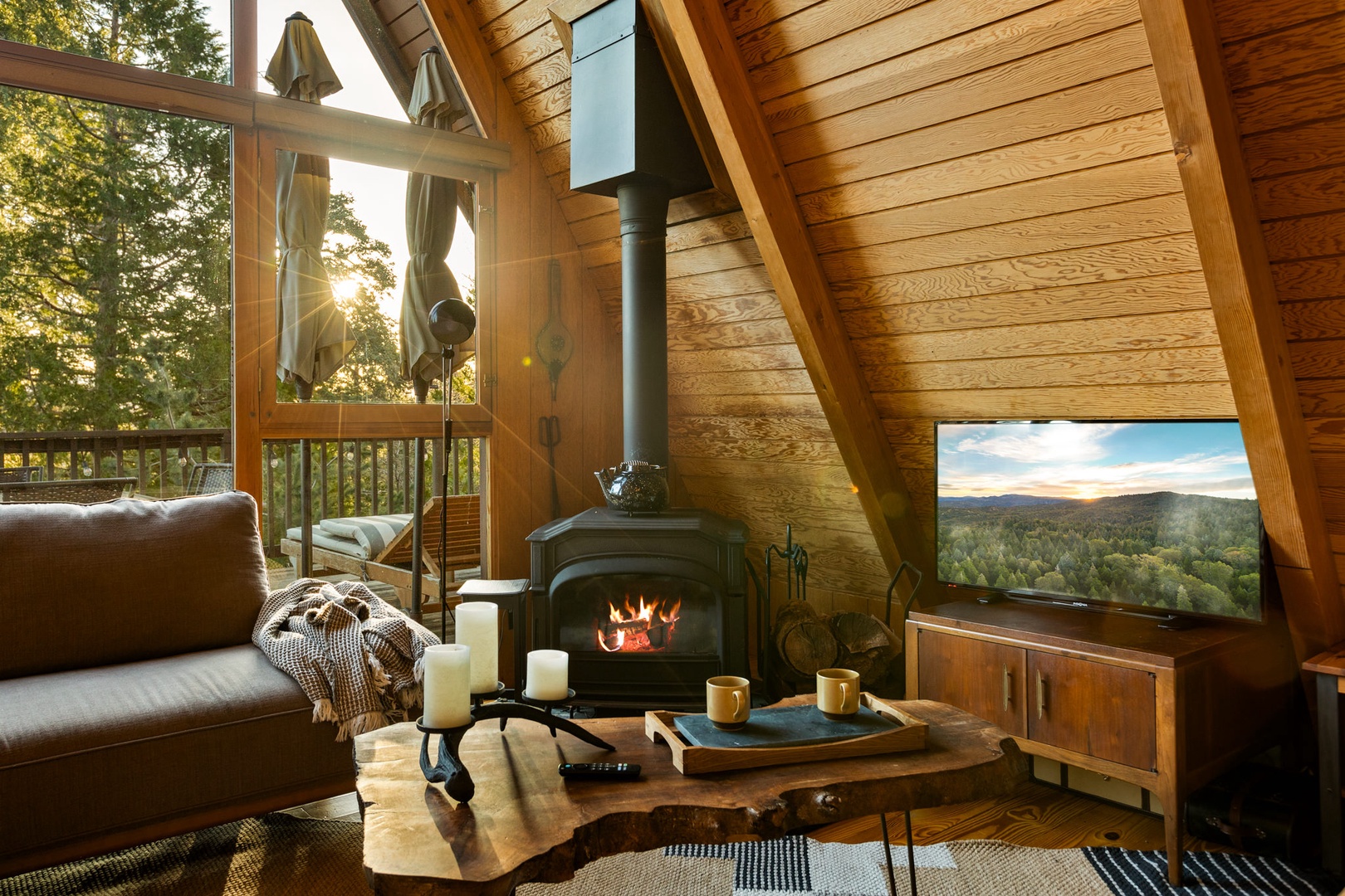 Curl up next to the electric fireplace, no firewood required in the living room & stream all your favorite entertainment