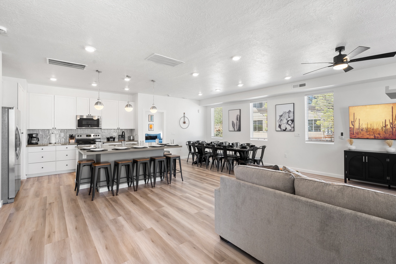 Sip morning coffee or grab a bite at the sleek kitchen counter, seating 7