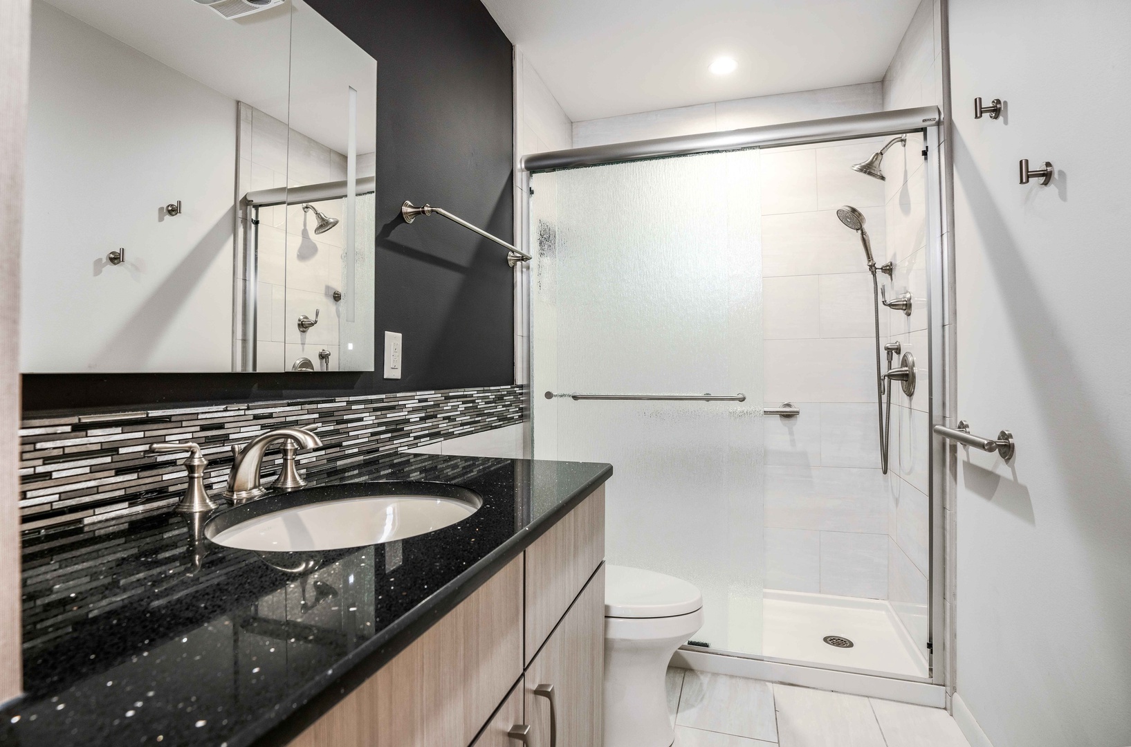 The king ensuite boasts a single vanity and glass shower