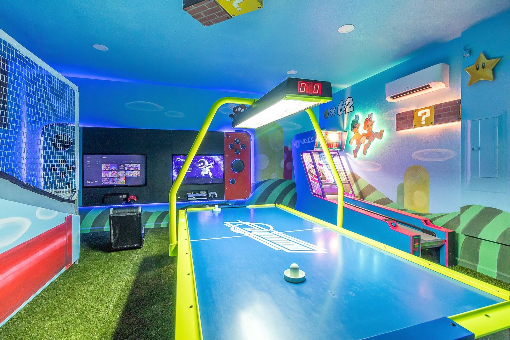 Game room with air hockey, PS5 console, basketball shoot, skeeball (1st floor)