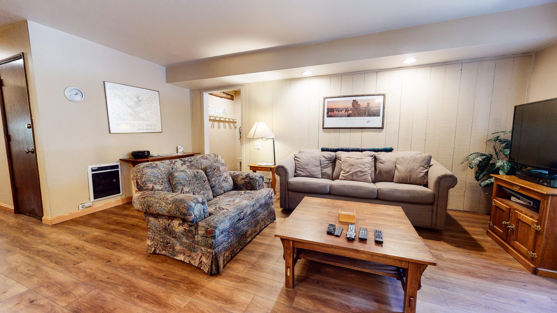 Living room with sofa sleeper, flat screen TV, DVD player