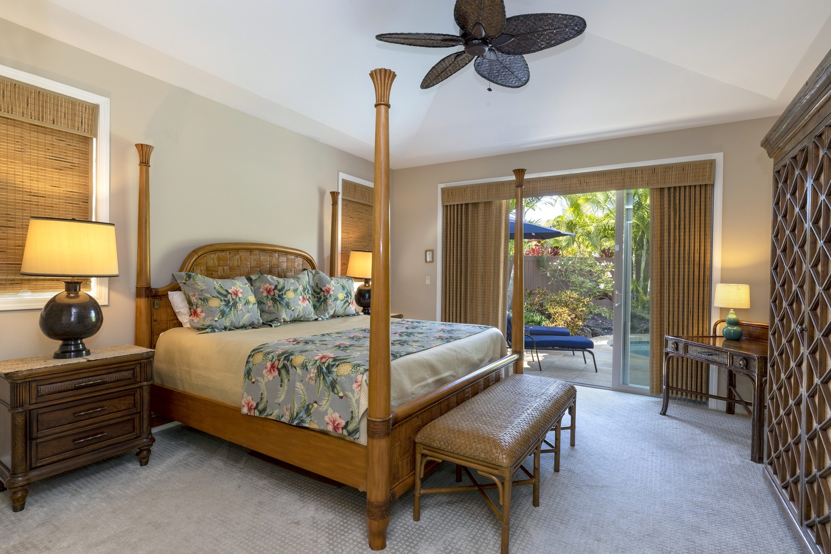 Master bedroom with Cal Kind bed, en suite, and lanai access