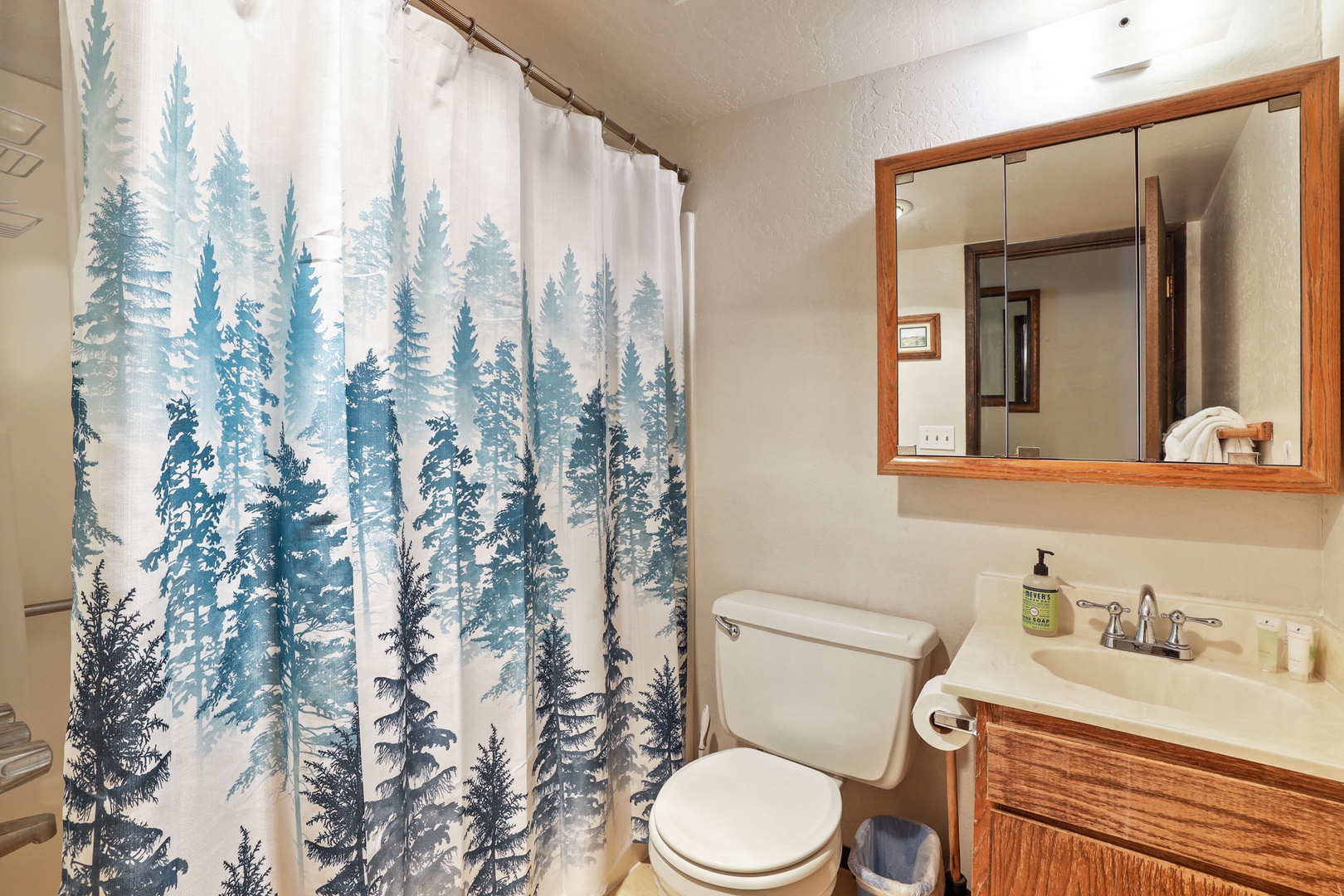 The 1st floor bathroom offers ample storage and a shower/tub combo