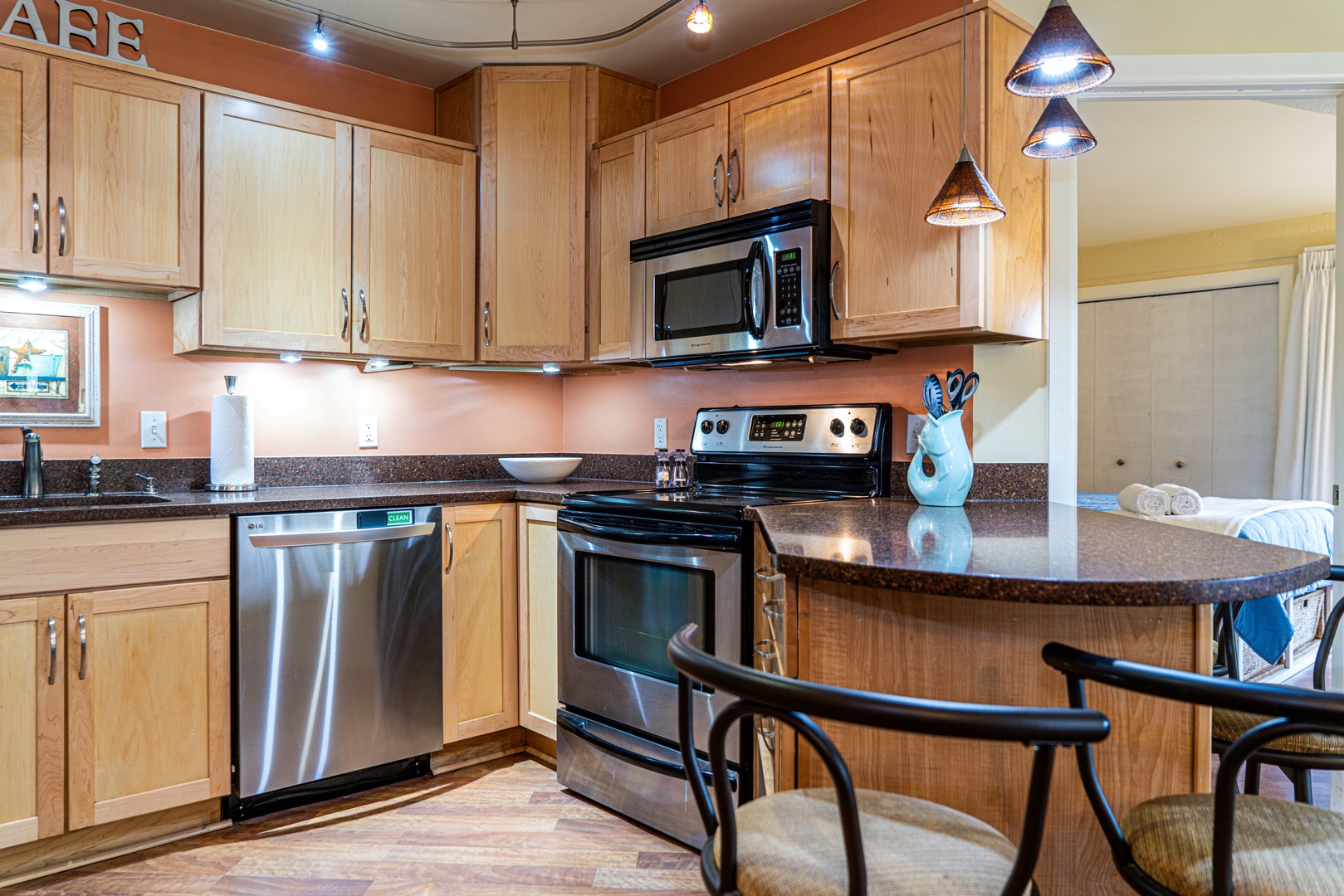 The open kitchen is spacious & offers all the comforts of home