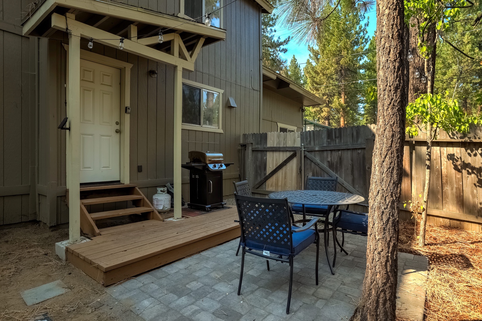 Gas BBQ, hot tub and seating in the backyard