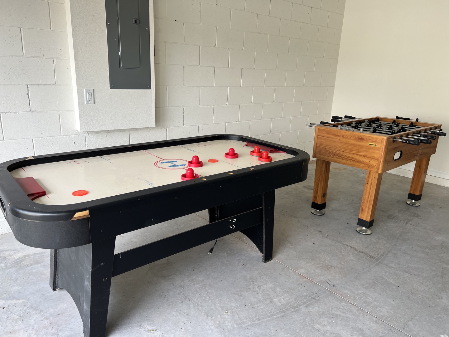 Airhockey and Foosball in the garage
