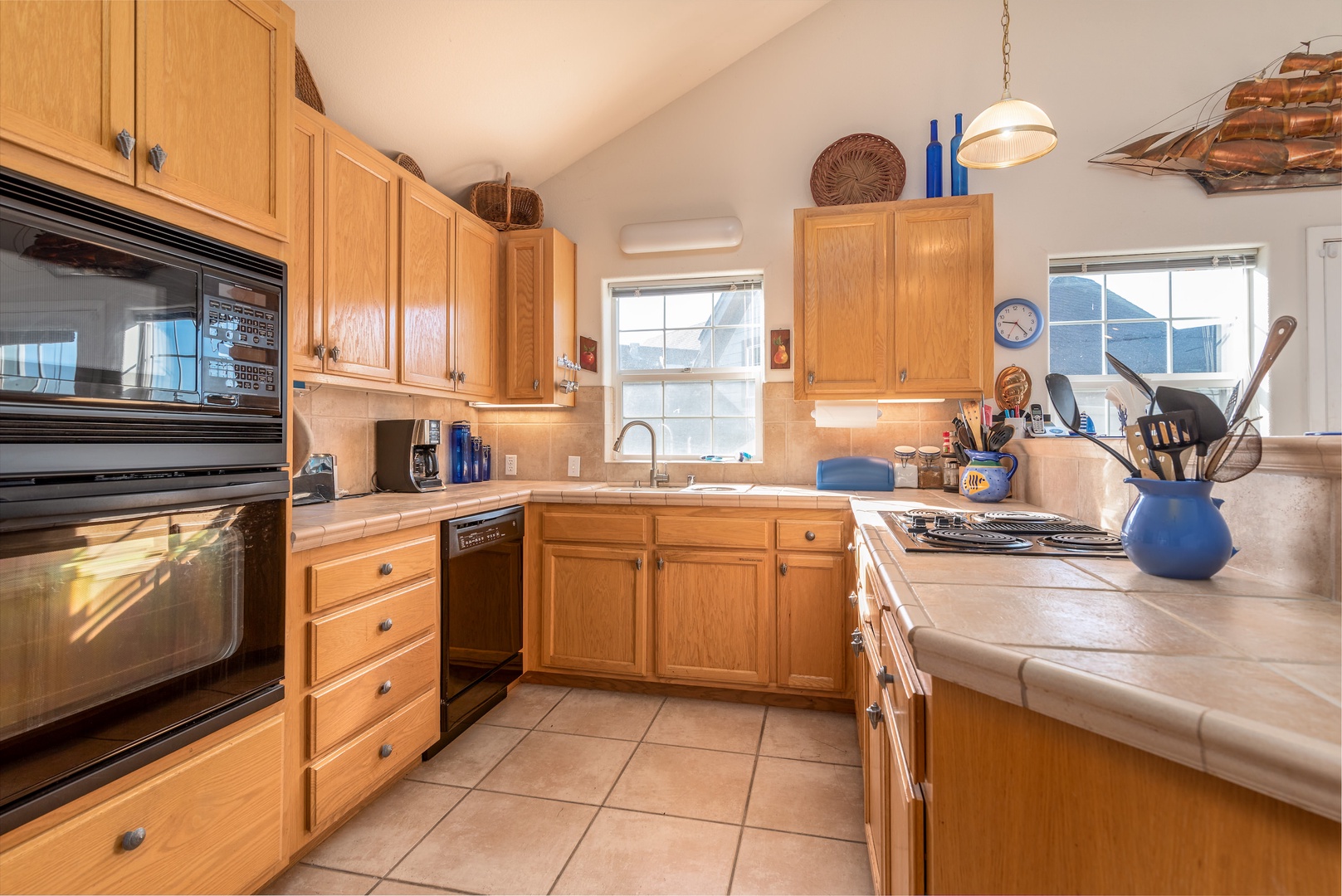Kitchen with drip coffee maker, toaster, and more