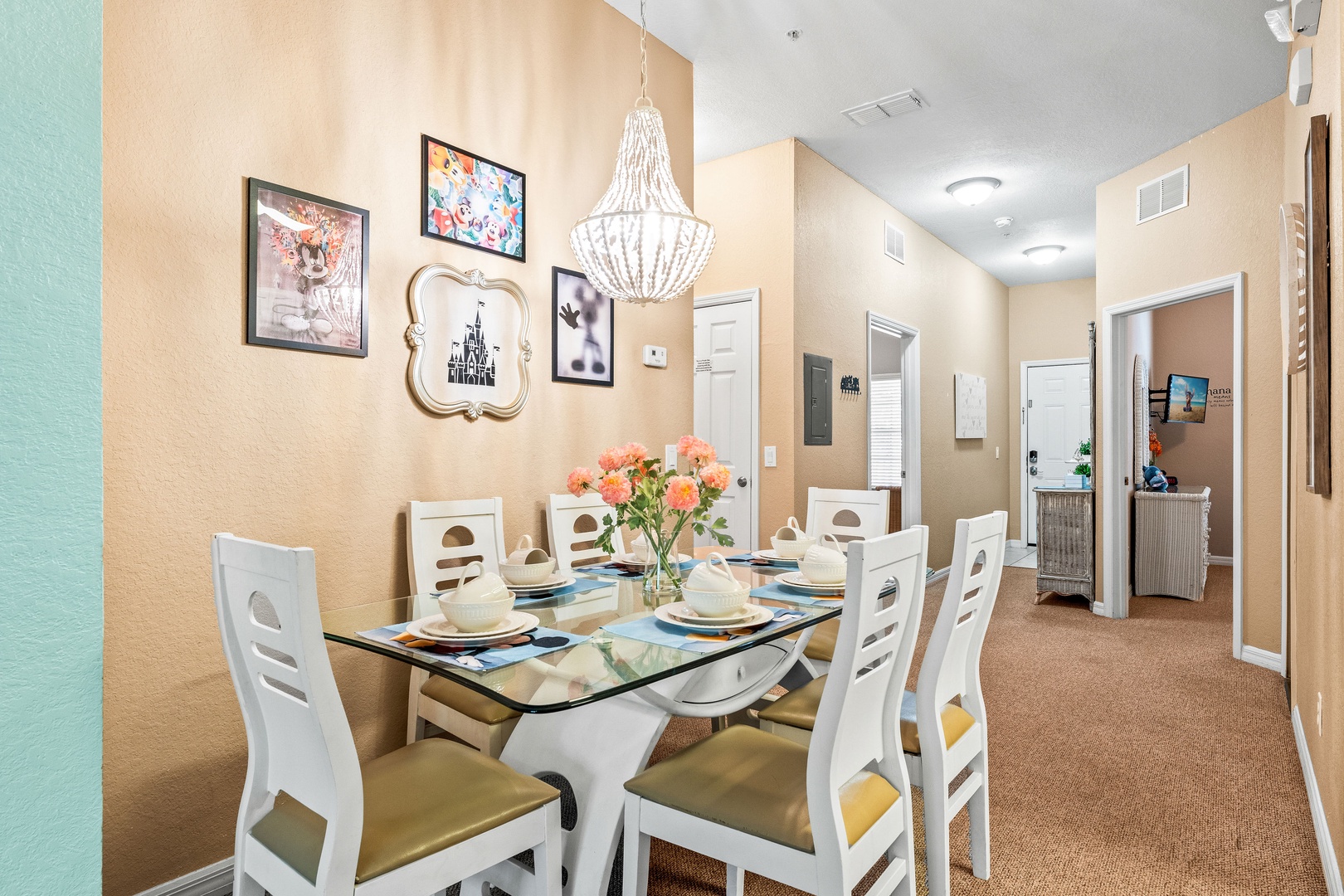 Gather for meals together at the formal dining table, with space for 6