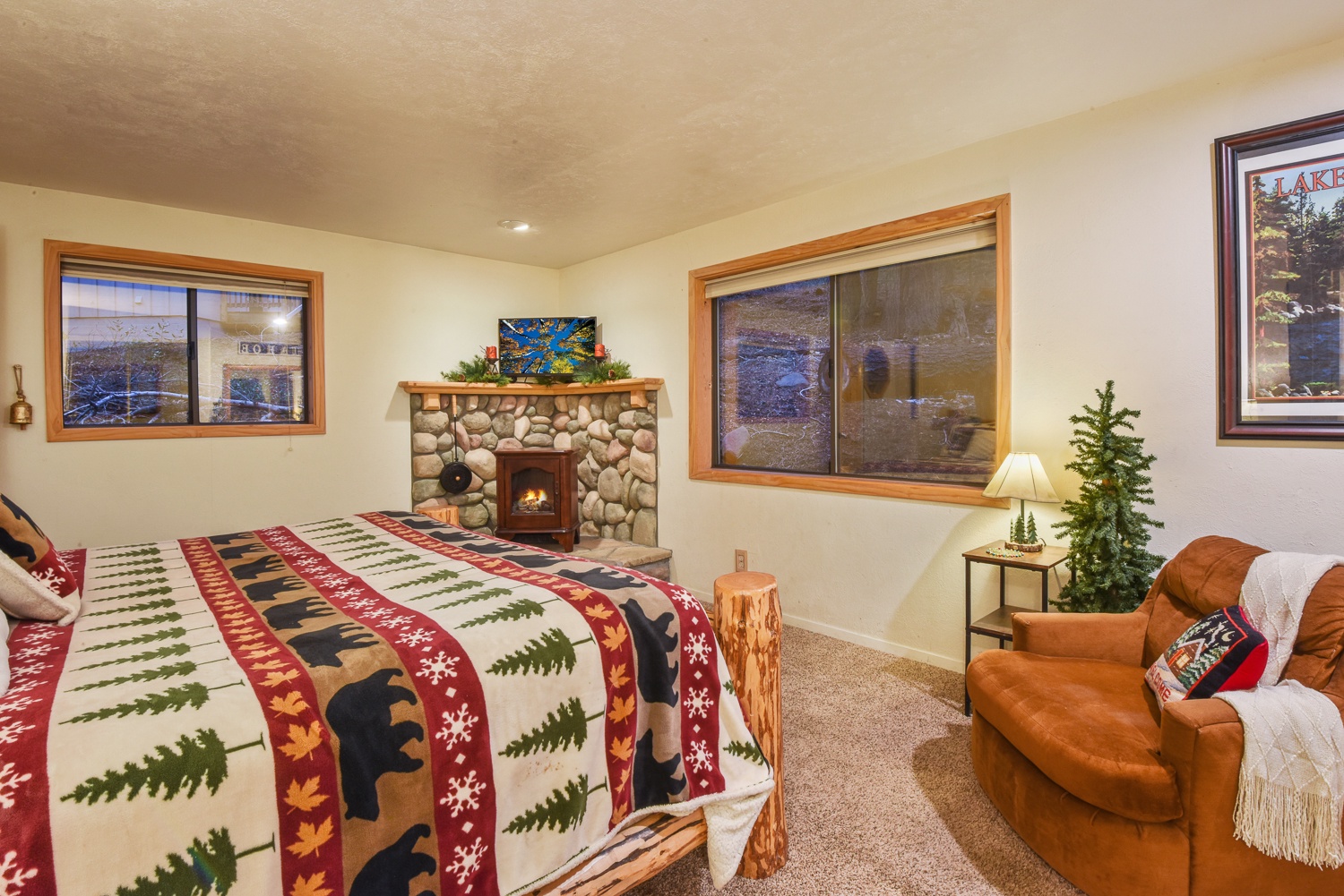 Bedroom 1 with King bed, fireplace, Smart TV, and en-suite