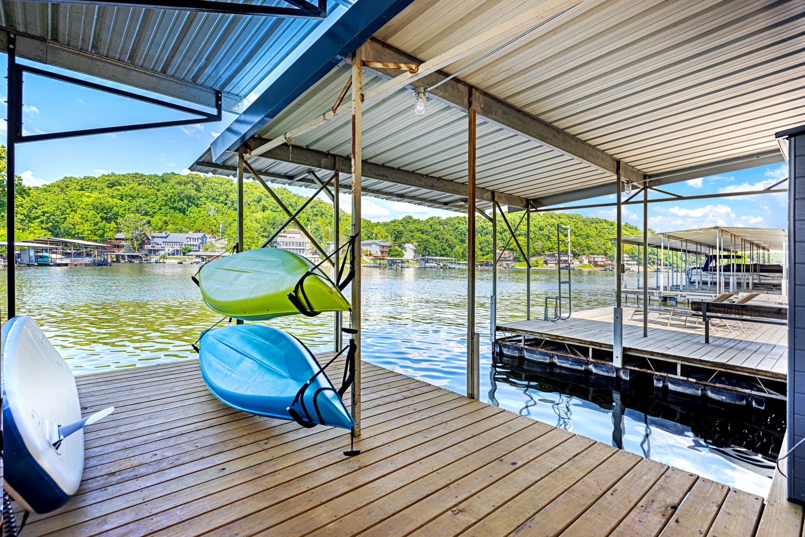 Lakeside relaxation with kayaks ready for adventure