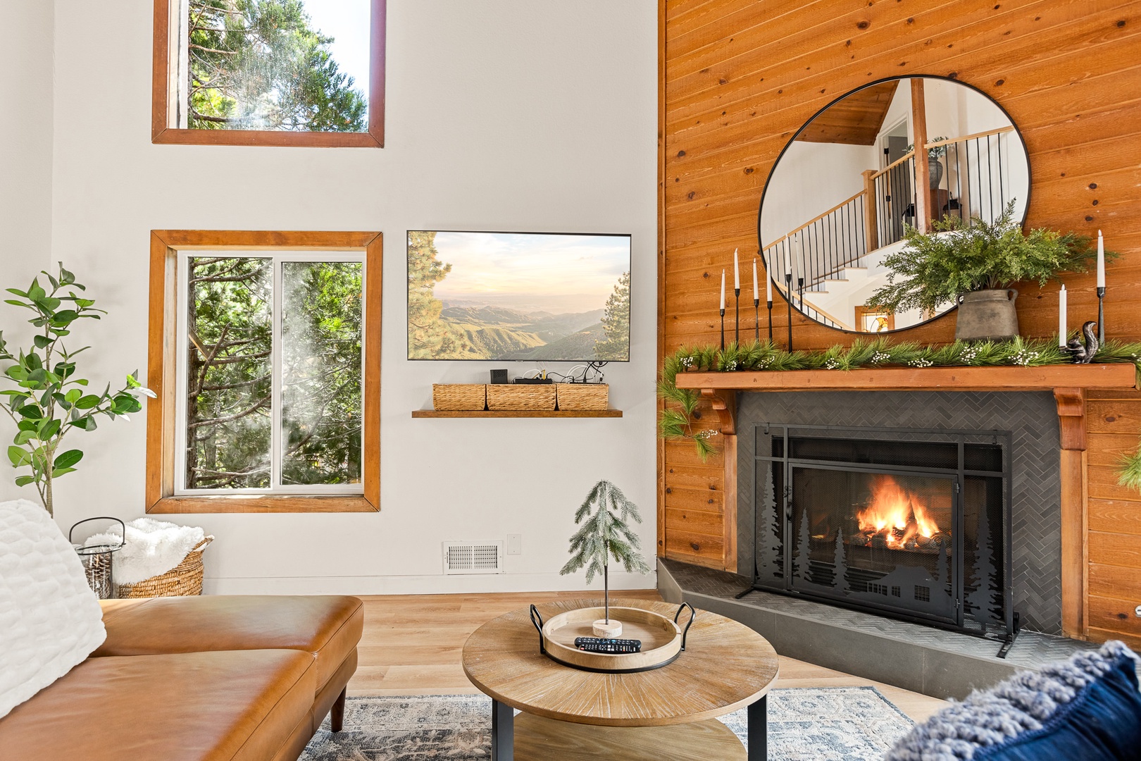 Cozy up by the living room fireplace and stream your favorites!