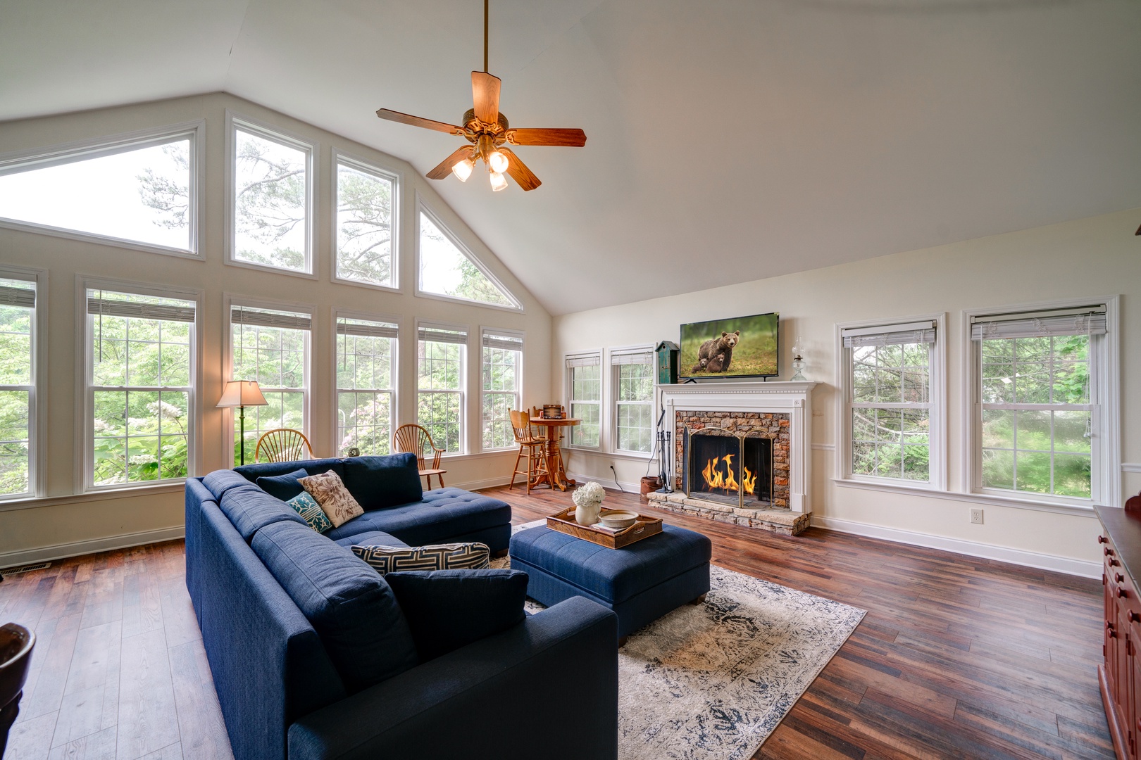 Curl up in the living room & stream your favorites with tranquil lake views