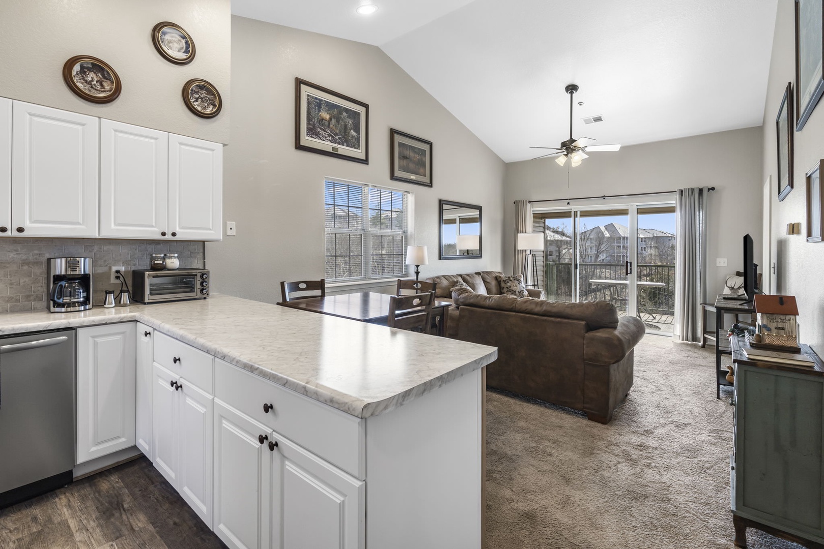 Kitchen, dining, and living area