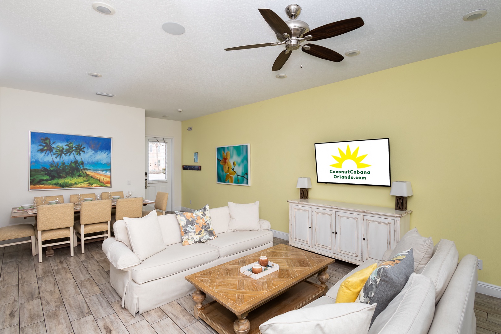 Curl up in the coastal living room & stream all your favorite entertainment