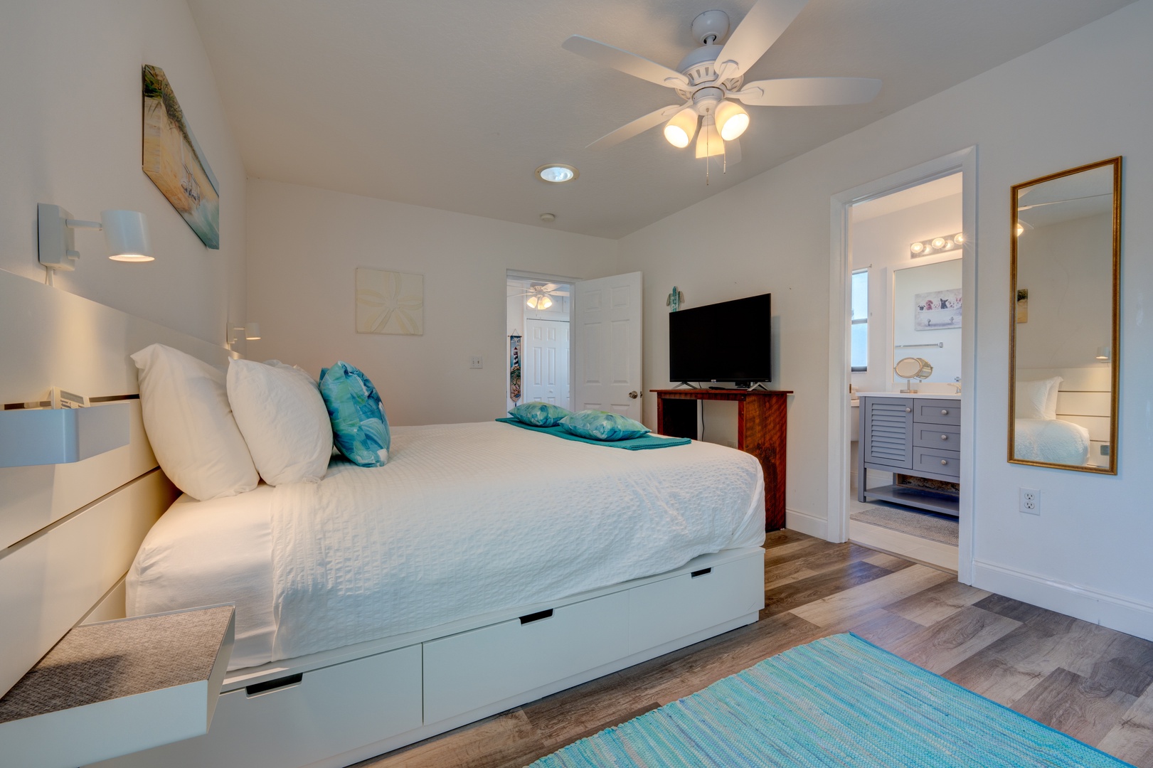 Recharge in this king suite, offering a private ensuite ceiling fan & smart TV