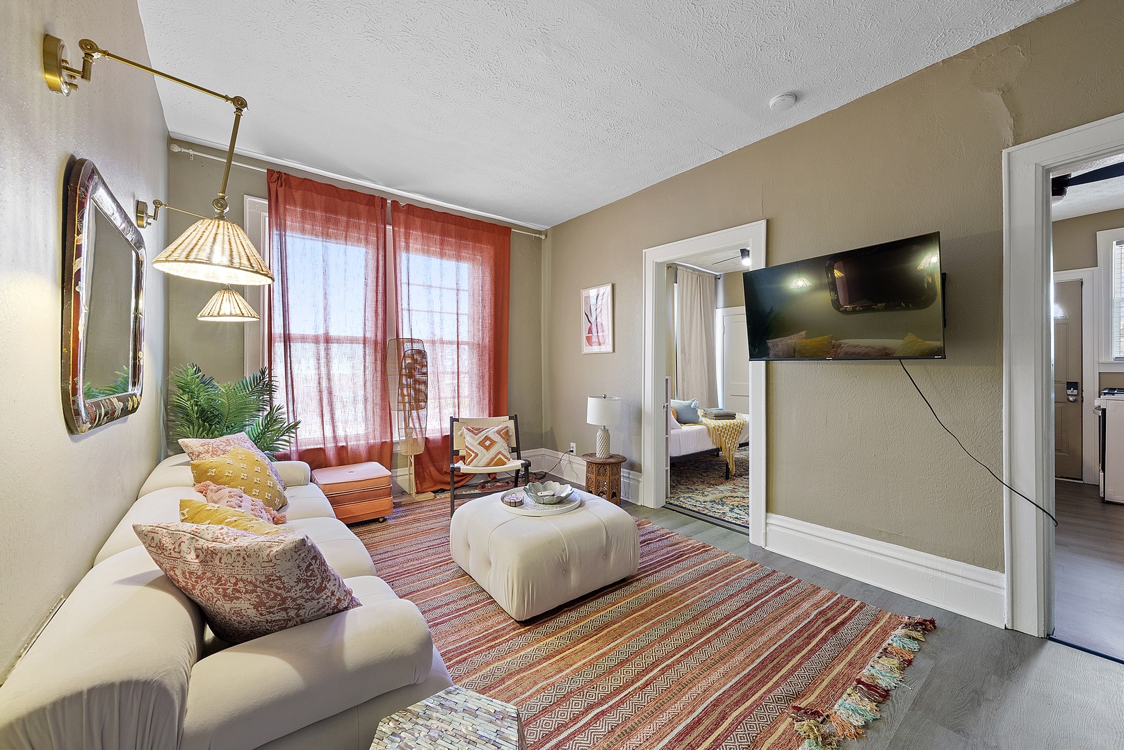 Unwind in the boho chic living room & stream your favorites on the smart TV