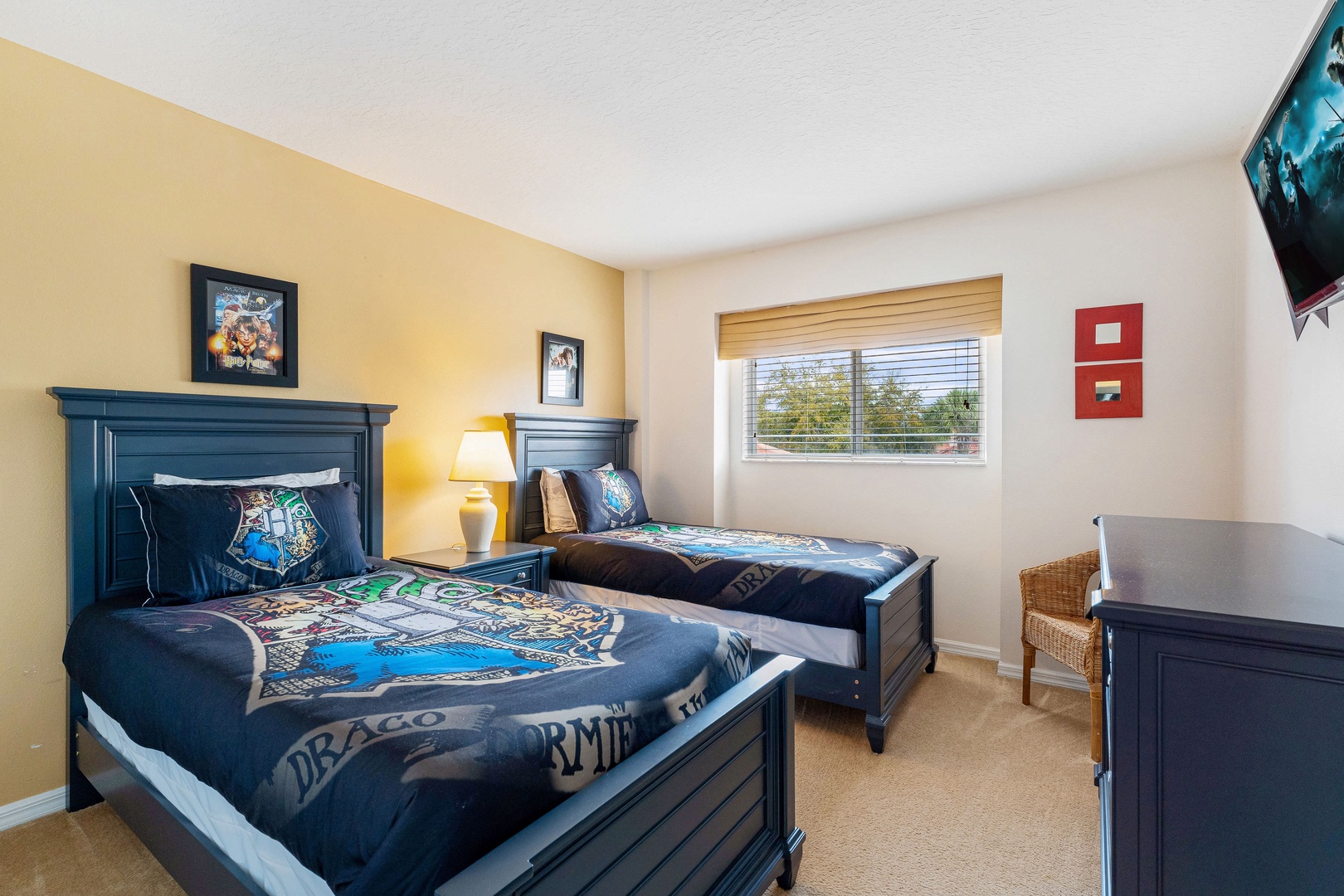 Wizards Welcome in bedroom 3 Harry Potter themed with 2 twin beds, and Smart TV