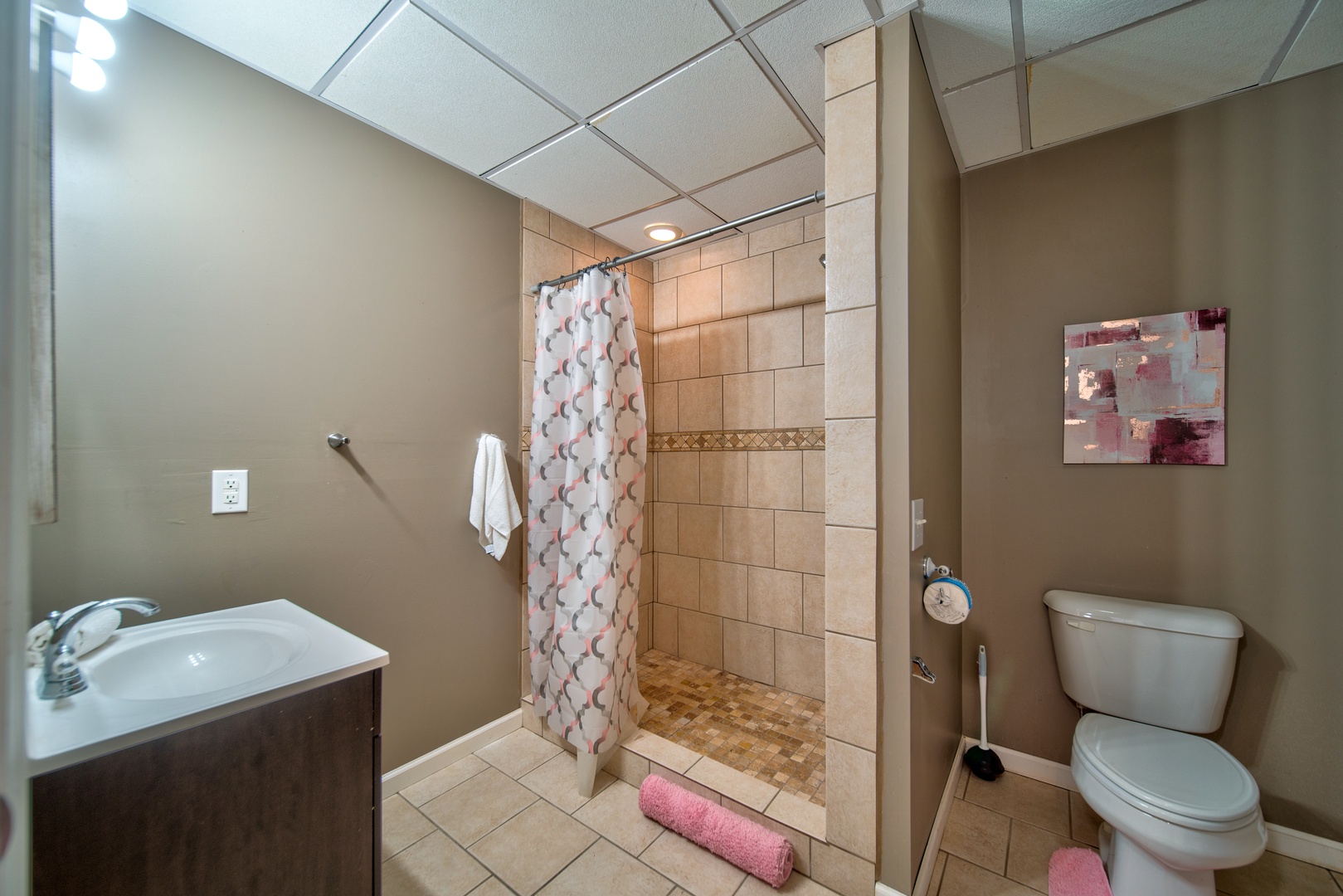 The lower level includes a full bathroom, offering a single vanity & shower