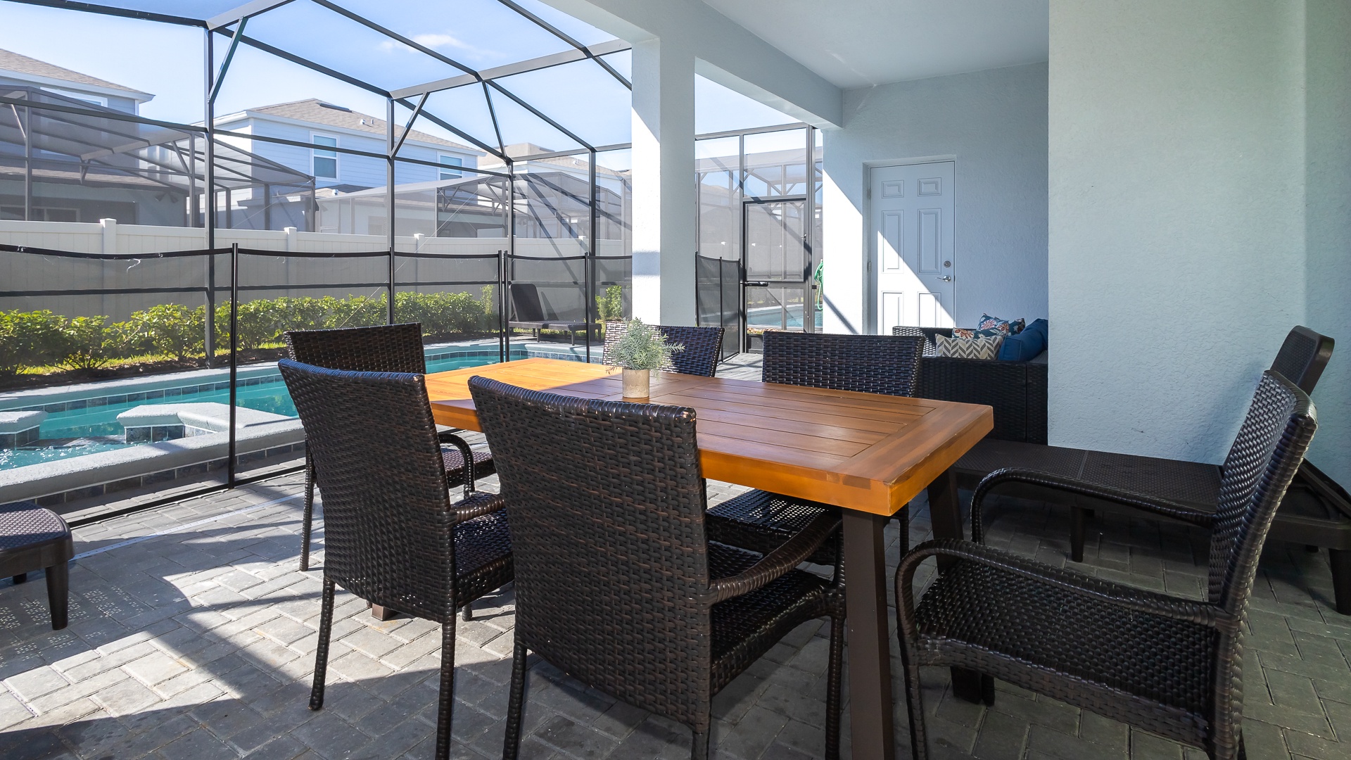 Lounge the day away or enjoy a meal on the covered back patio