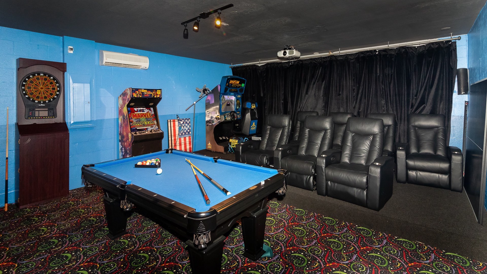 Theater/Game room with pool table and 2 arcade style games