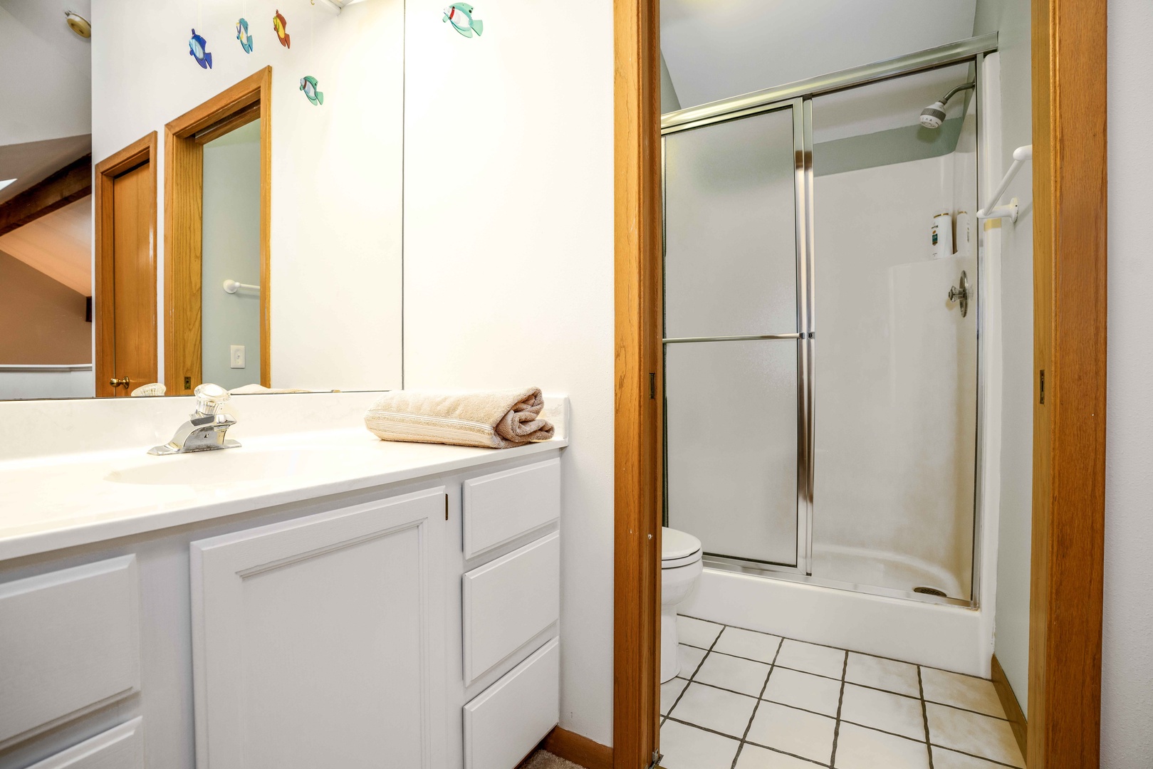 This full bathroom includes a single vanity sink & walk-in shower