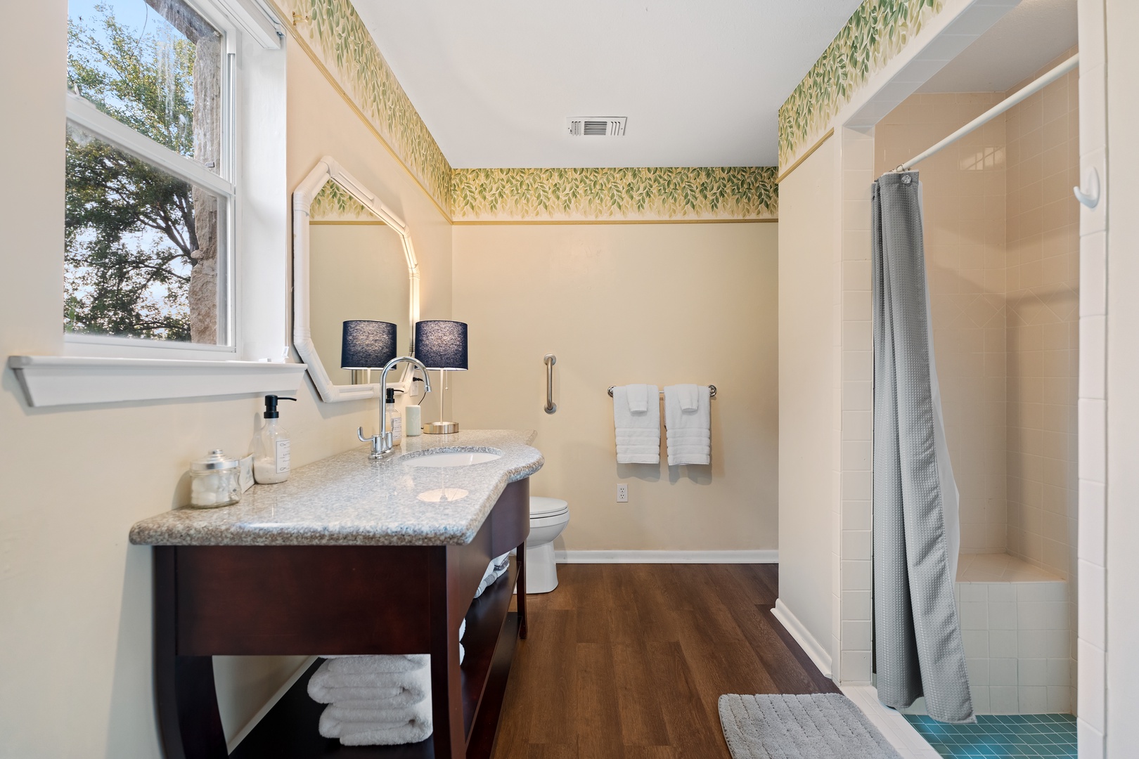 The casita bathroom offers an oversized vanity and spacious shower